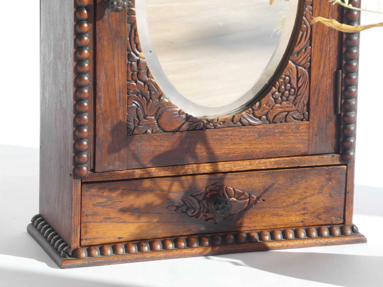 Art Deco Antique Dark Wooden Apothecary, Small Mirror Cabinet Floral Carved, Medicine Cabinet With Shelf photo buy