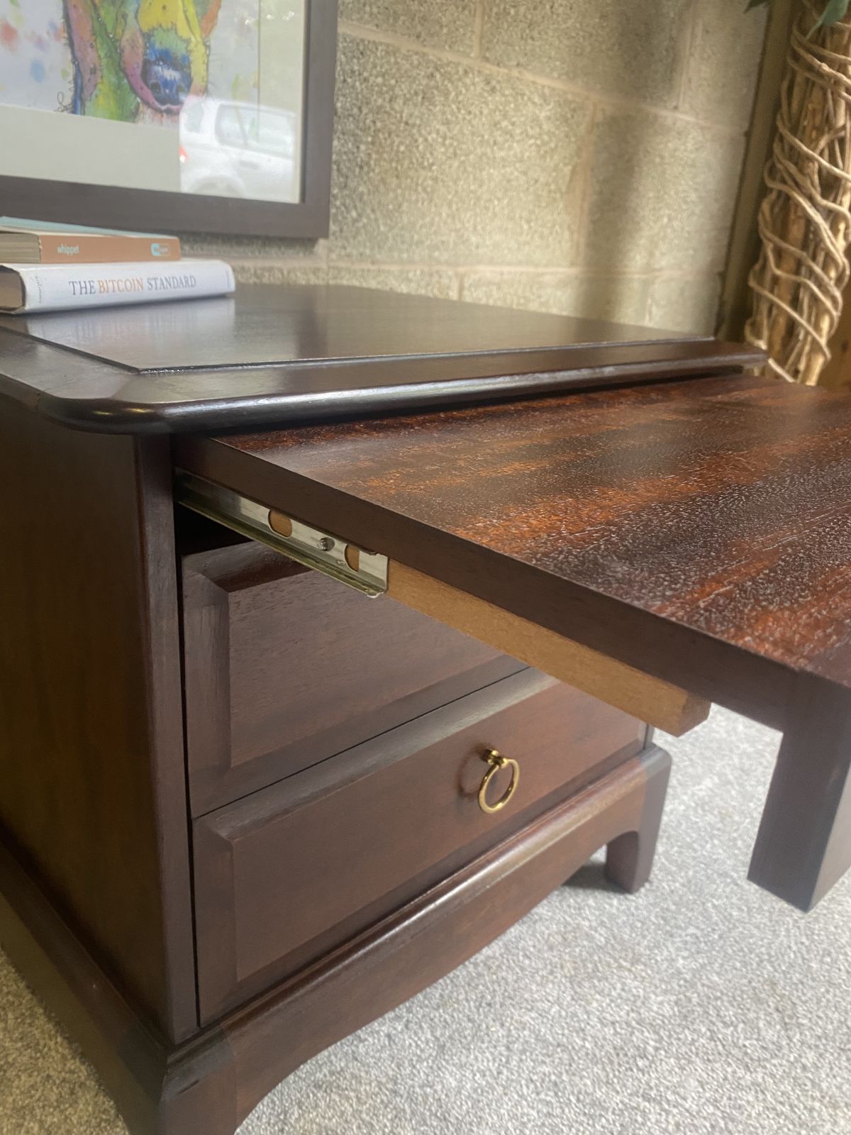 Vintage Mahogany Two Drawer Bedside Cabinet With Pull Out Slide – Brass Ring Handles photo buy
