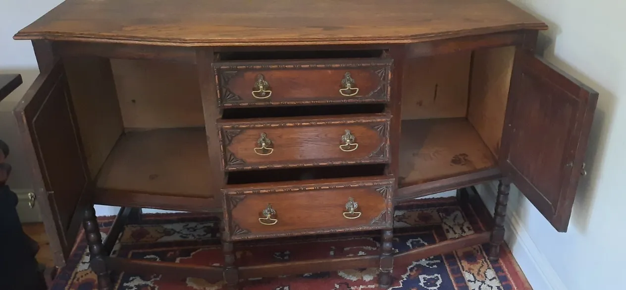 Vintage Oak Art Deco Three Drawer Two Cupboard Sideboard Bobbin Turned Legs photo buy