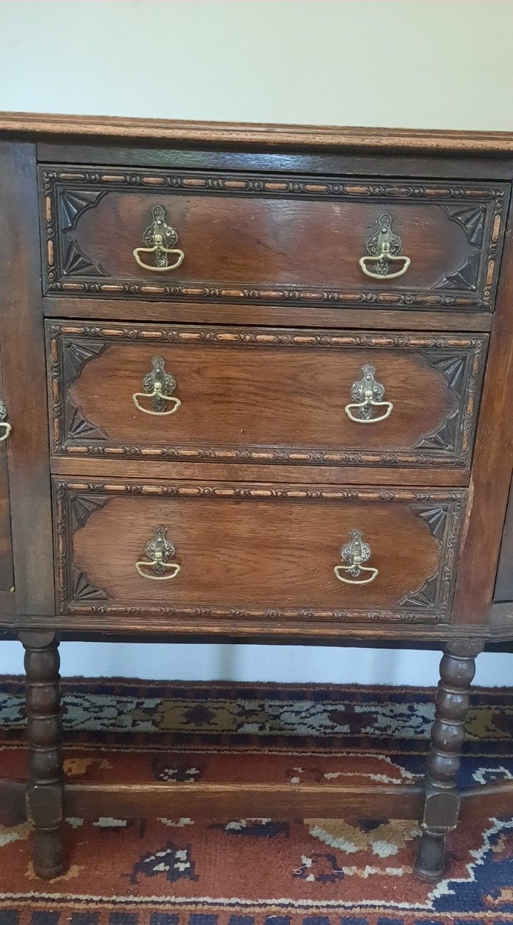 Furniture Vintage Oak Art Deco Three Drawer Two Cupboard Sideboard Bobbin Turned Legs photo