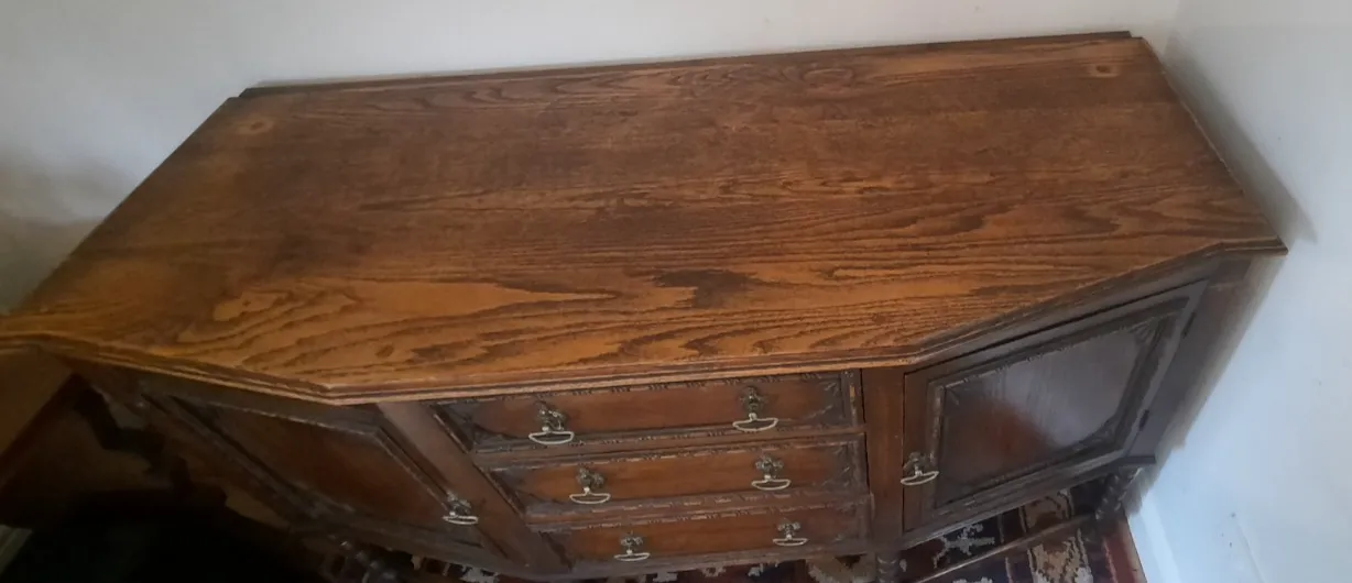 photo buy Vintage Oak Art Deco Three Drawer Two Cupboard Sideboard Bobbin Turned Legs