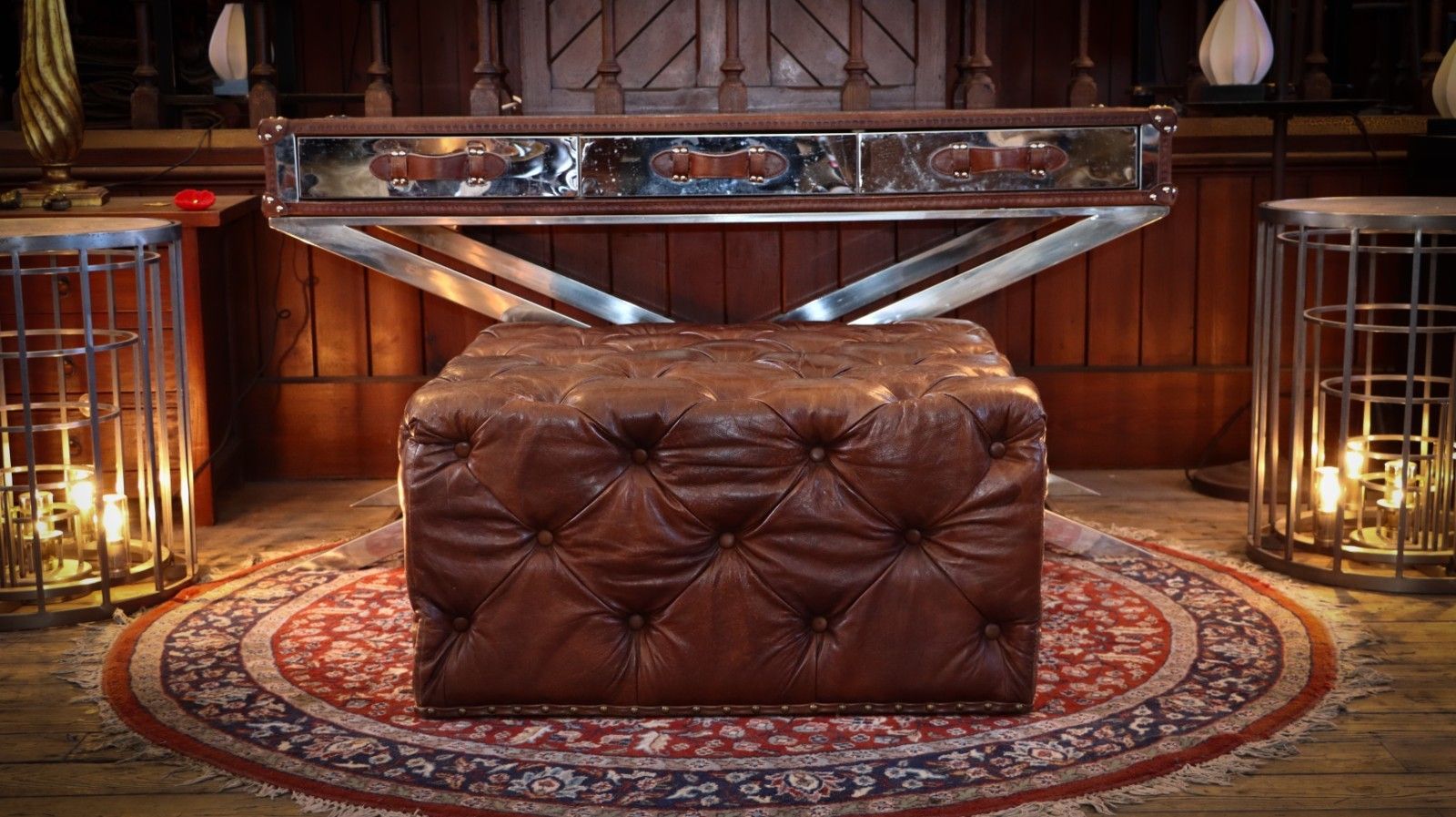 Timothy Oulton Lord Digsby Sqaure Leather Footstool Ottoman Antique Whisky Tan🚚 photo 1600.0