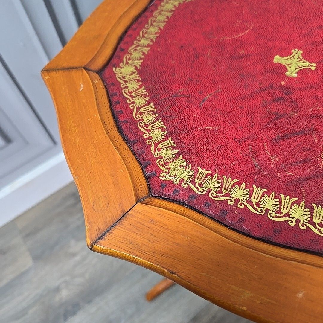 Antique Side Wine Table Turned Pedestal Leg Plant Stand Leather Vintage Wooden photo 70.0