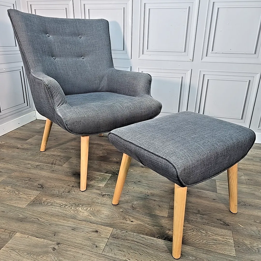 Retro Armchair & Footstool Mid Century Style – Grey Upholstery Wooden Legs Chair