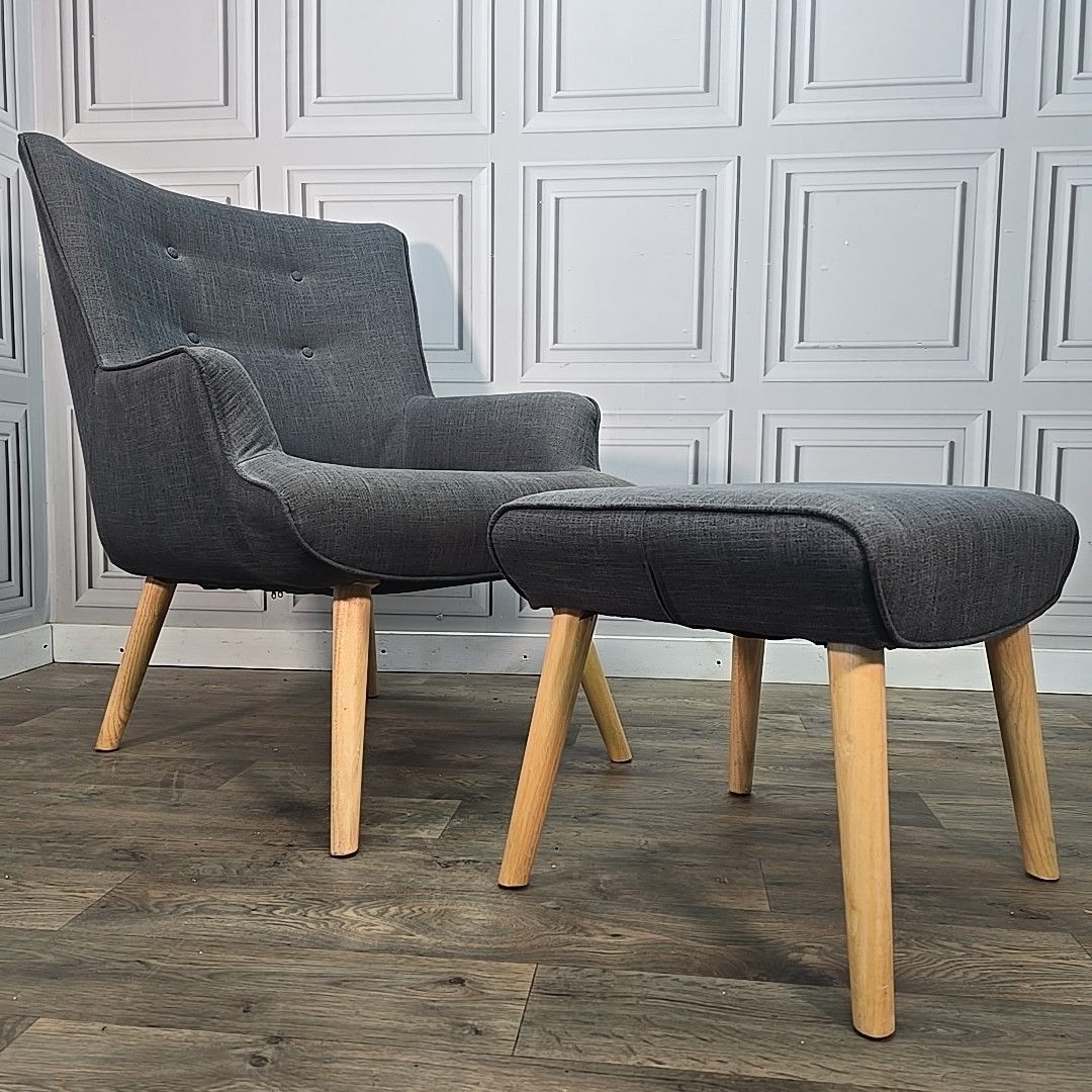 Retro Armchair & Footstool Mid Century Style – Grey Upholstery Wooden Legs Chair photo furniture
