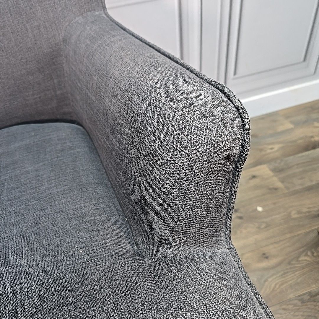Retro Armchair & Footstool Mid Century Style – Grey Upholstery Wooden Legs Chair photo vintage