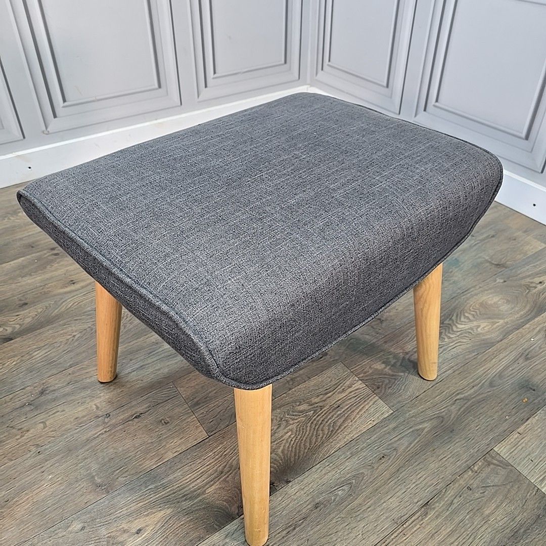 photo buy Retro Armchair & Footstool Mid Century Style – Grey Upholstery Wooden Legs Chair