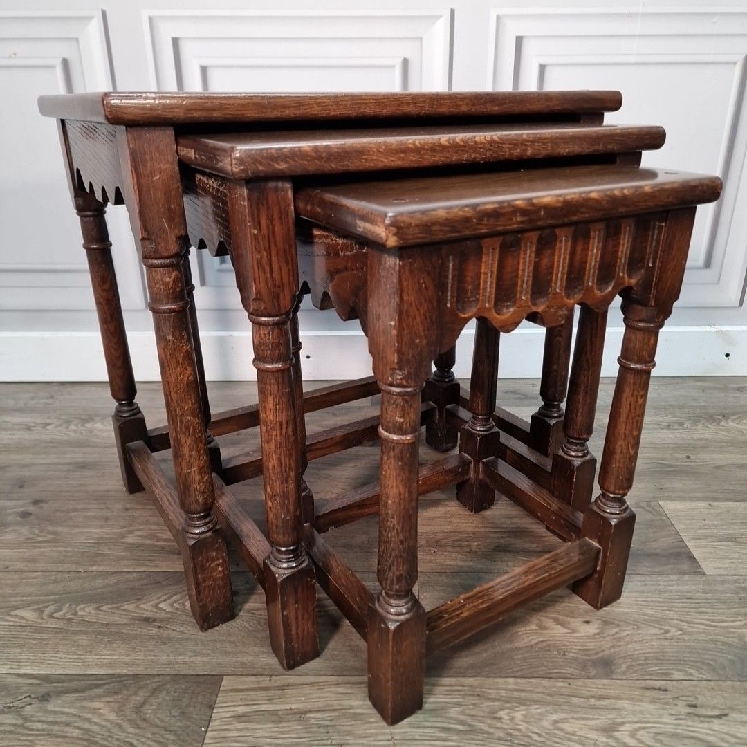 Vintage Nest Of Tables – Solid Oak Jacobean Revival Turned Legs Joint Side photo furniture