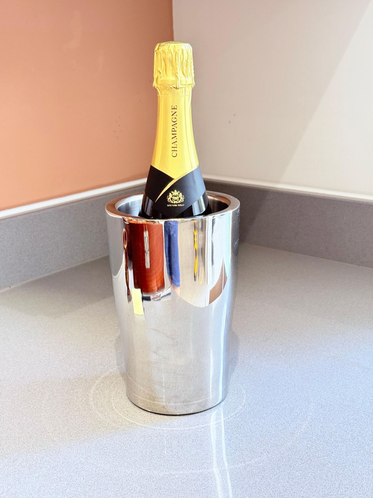 Seau à champagne moderniste en acier inoxydable / refroidisseur à vin, décoration intérieure moderne, idée cadeau photo buy