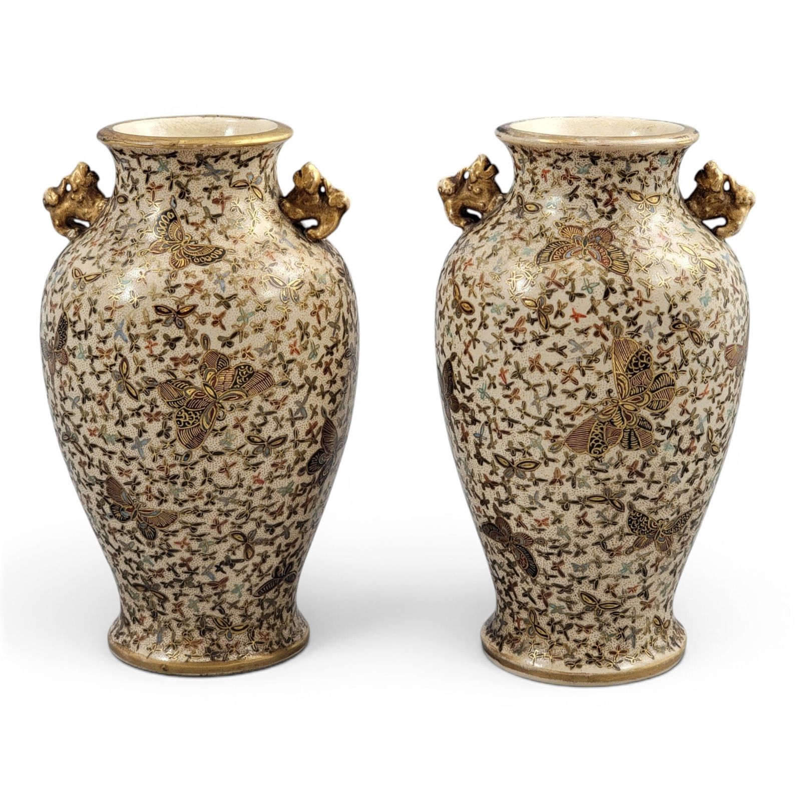 Pair Of Japanese Satsuma Thousand Butterflies Vases, Signed Kinzan, Meiji Period