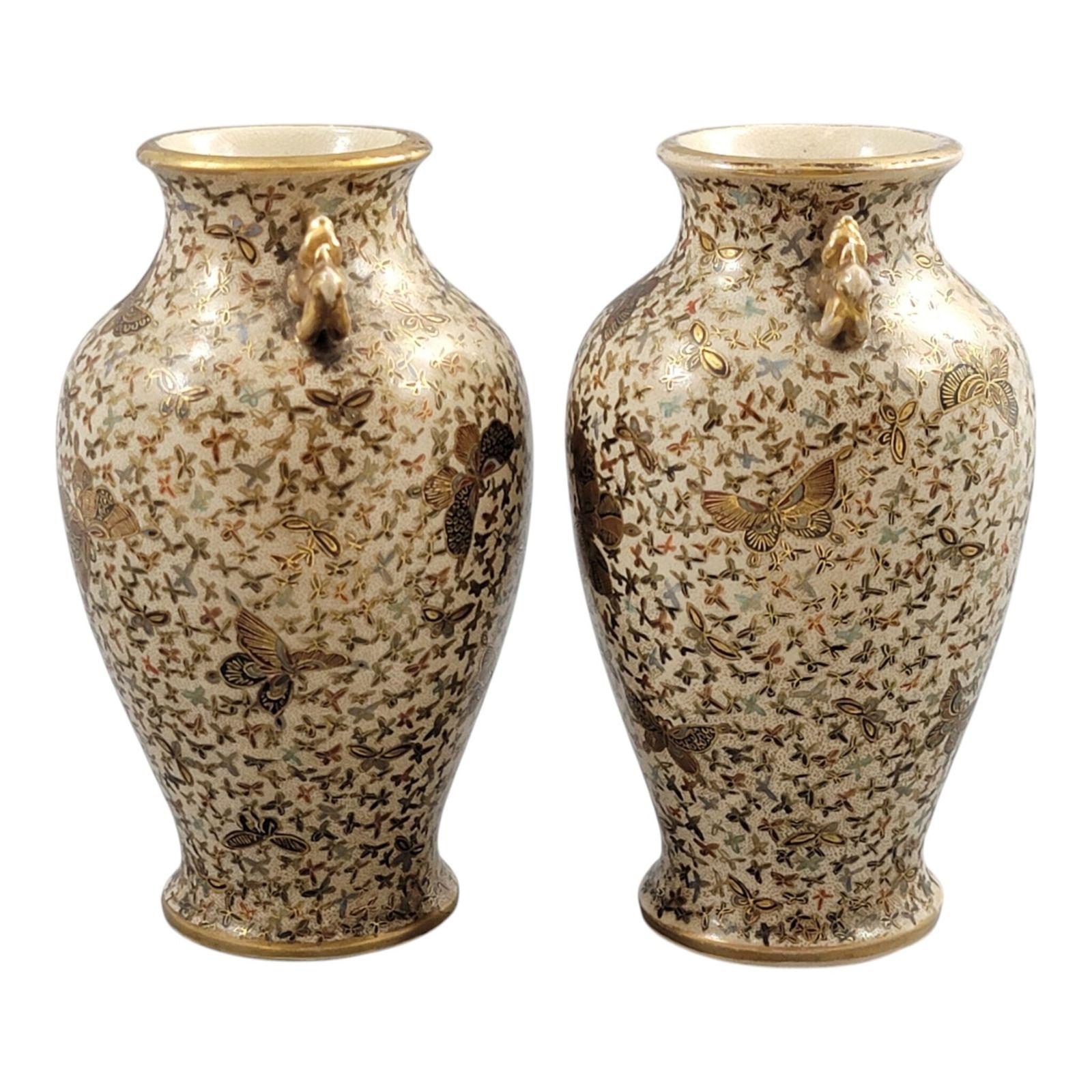 Pair Of Japanese Satsuma Thousand Butterflies Vases, Signed Kinzan, Meiji Period photo vintage