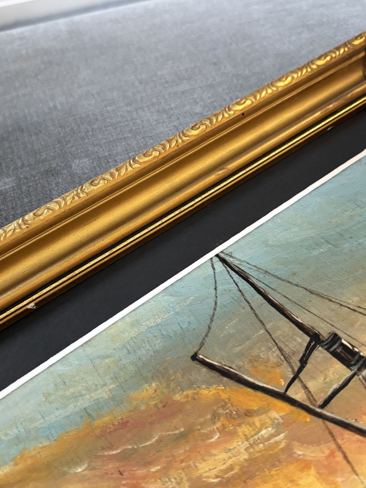 Vintage Nautical Oil Painting Of Fishing Boat At Sunset In Ornate Gold Frame photo vintage