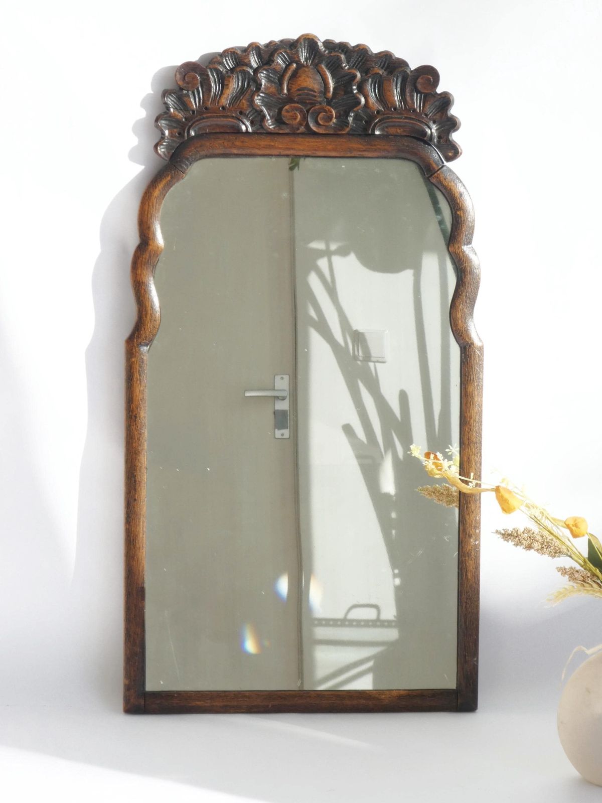 Antique 1800's Walnut Wall Mirror, Dutch Scalloped Mirror With Carved Ornament, Farmhouse Decor photo furniture