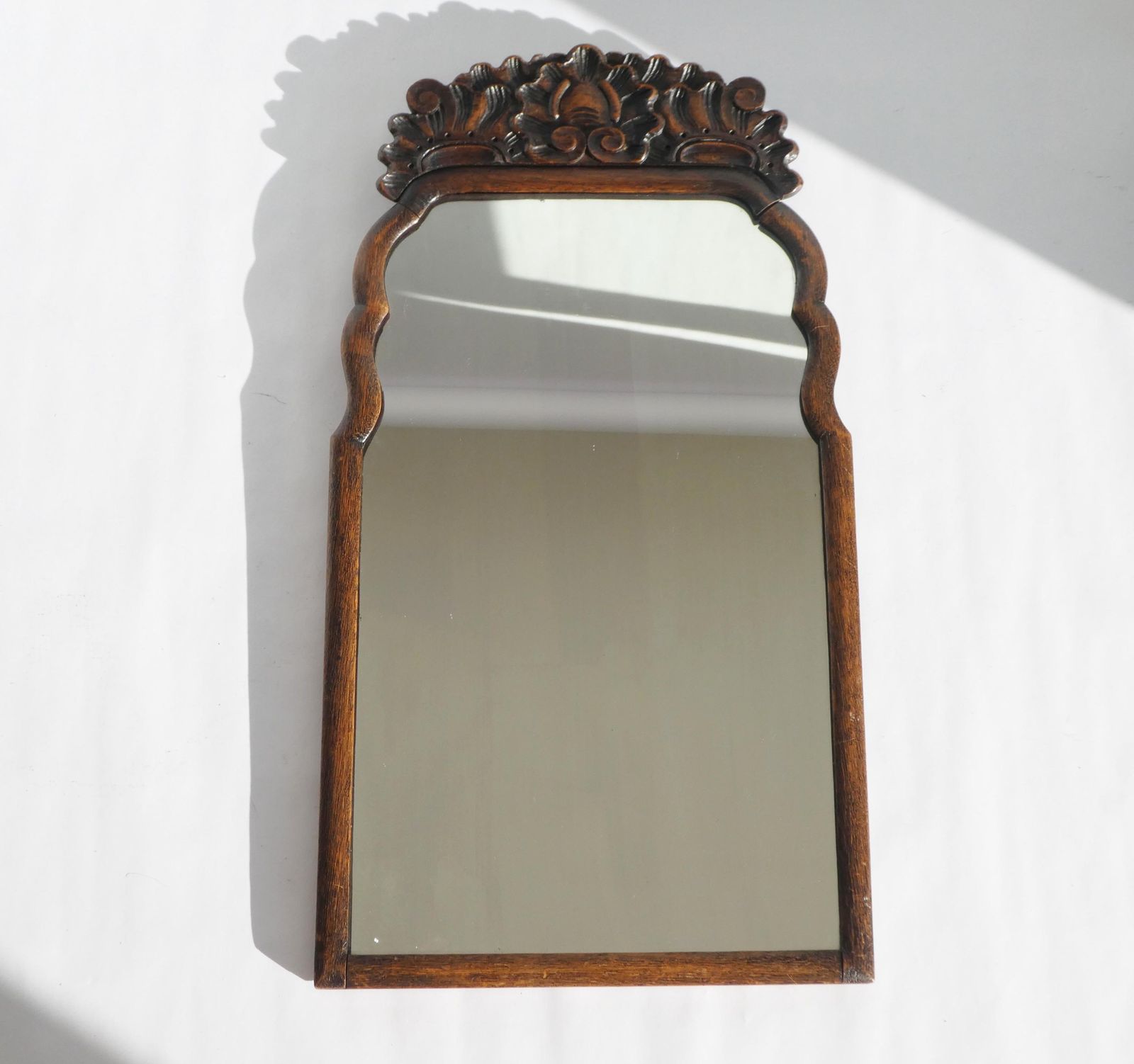 Antique 1800's Walnut Wall Mirror, Dutch Scalloped Mirror With Carved Ornament, Farmhouse Decor photo for sale
