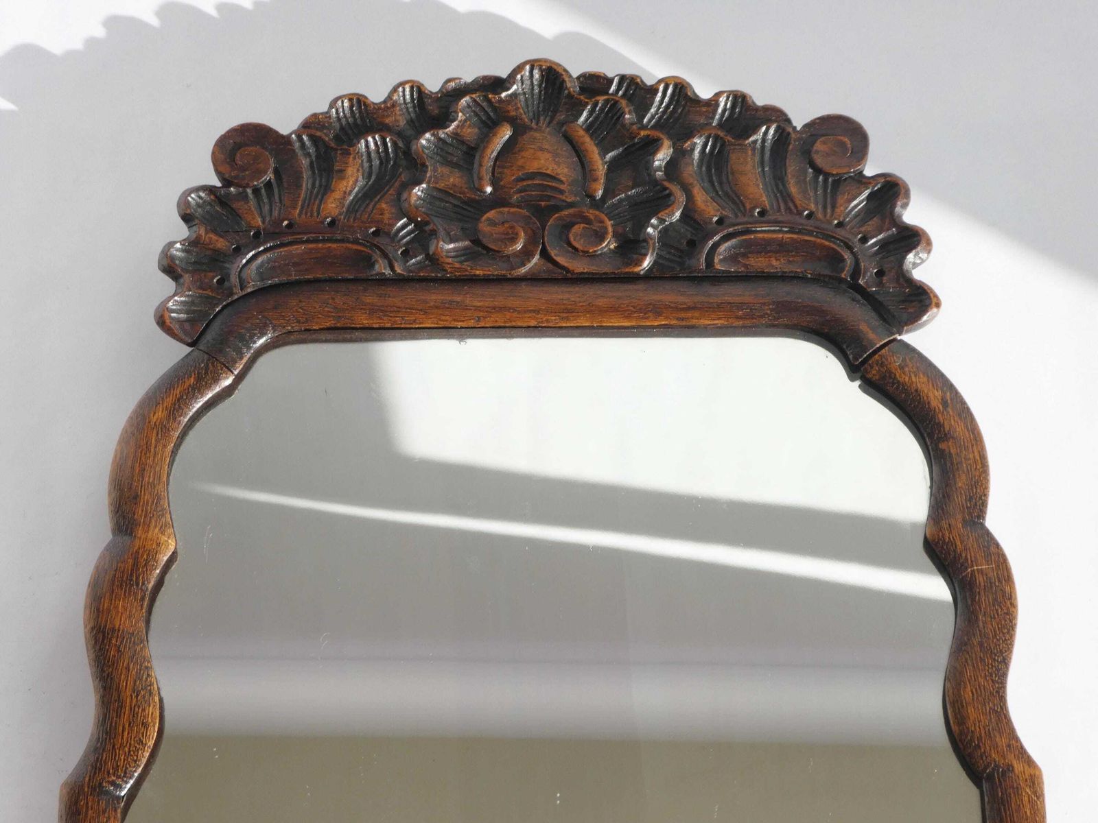 Antique 1800's Walnut Wall Mirror, Dutch Scalloped Mirror With Carved Ornament, Farmhouse Decor photo Home Decor