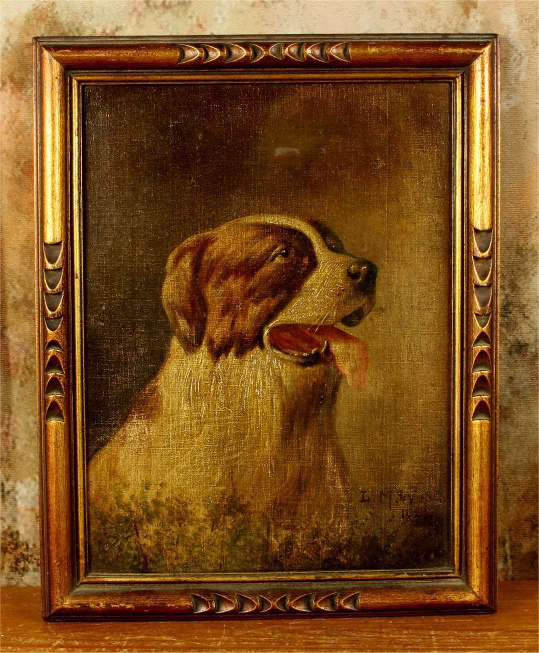 Antique St Bernard Oil Painting. Framed Lm Webb Signed Dog Portrait. 1929. photo furniture