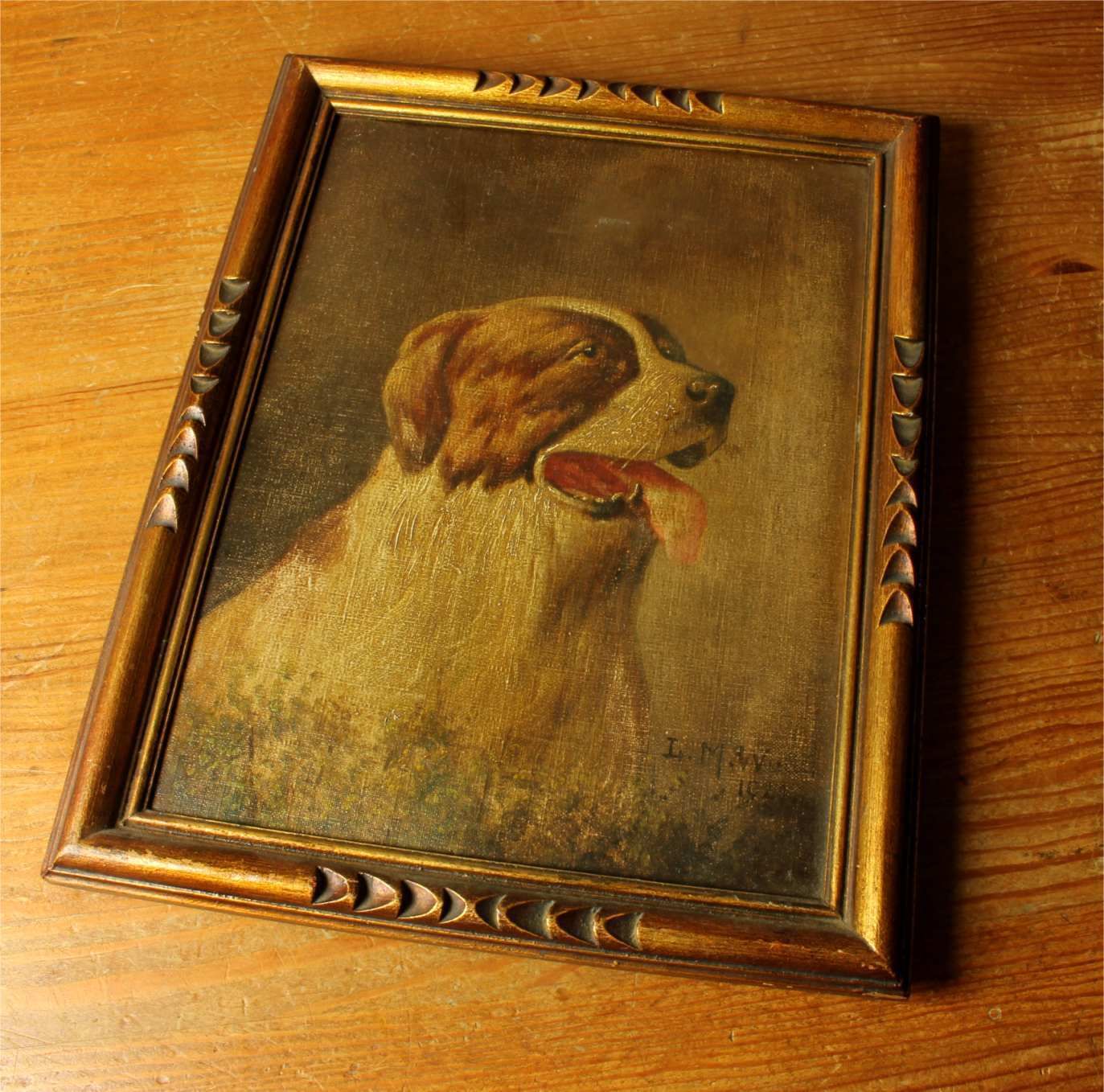 Antique St Bernard Oil Painting. Framed Lm Webb Signed Dog Portrait. 1929. photo vintage