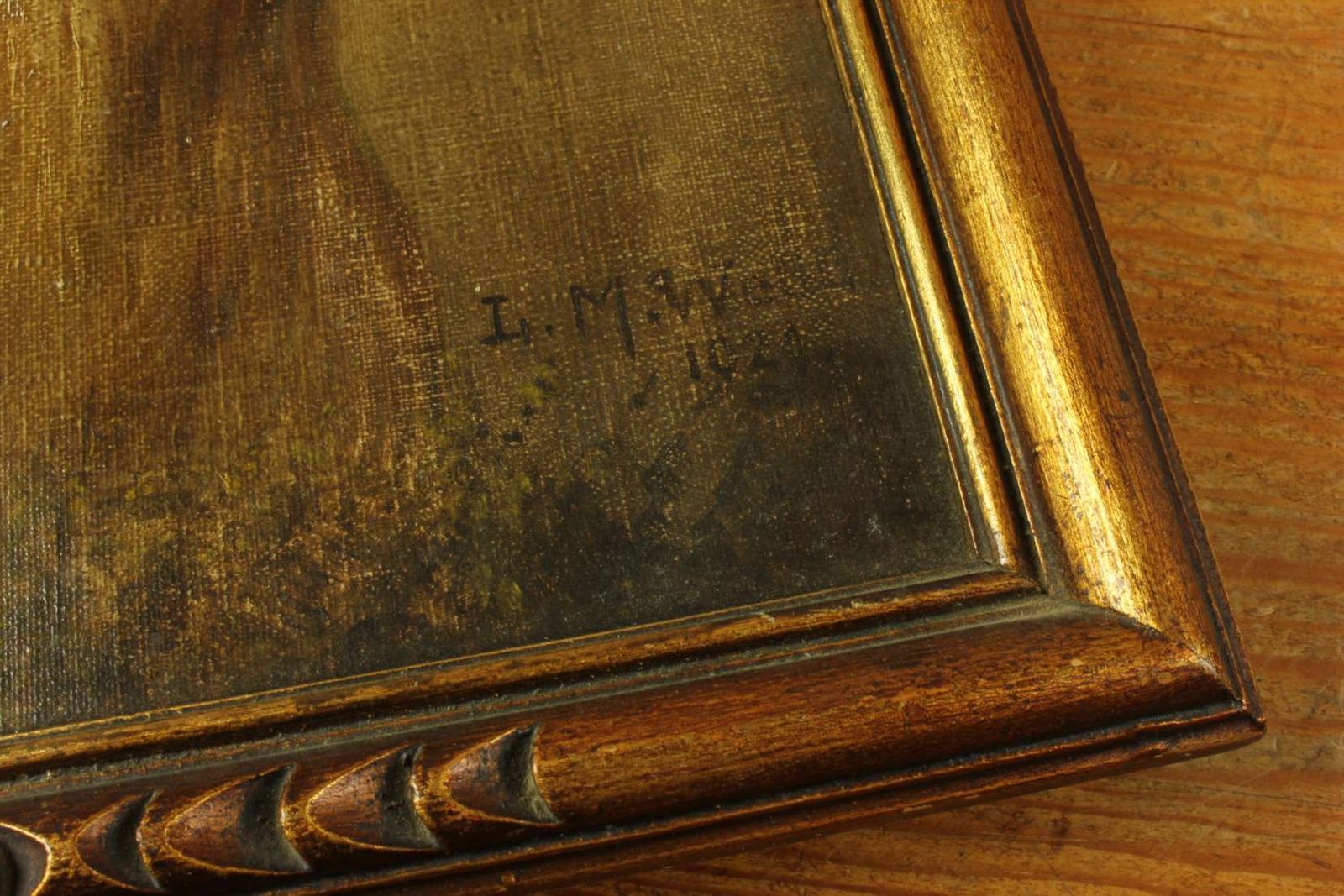 photo furniture Antique St Bernard Oil Painting. Framed Lm Webb Signed Dog Portrait. 1929.