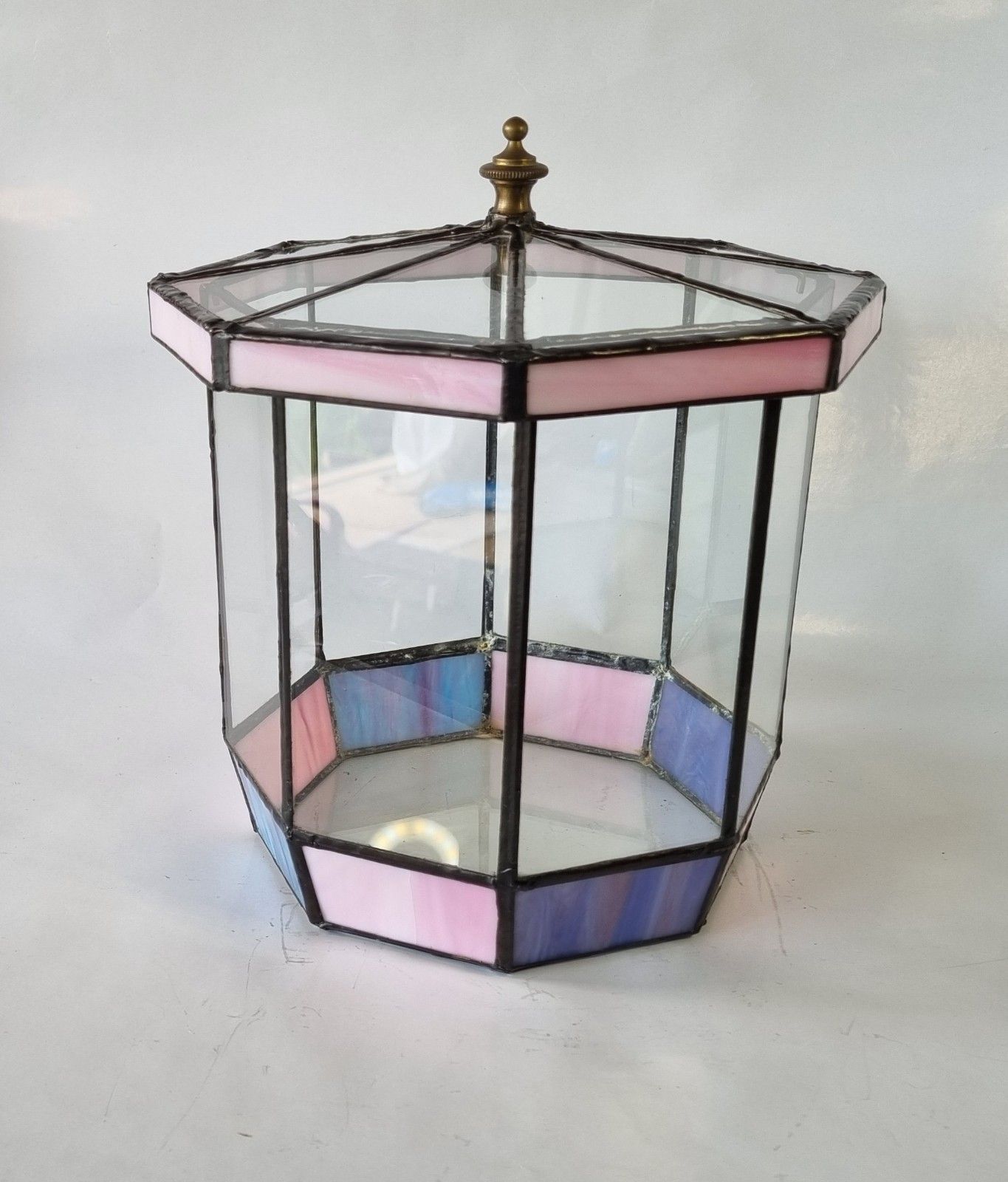 Vintage Stained Glass Terrarium Display Case Hexagonal Tiffany Style Pink photo furniture