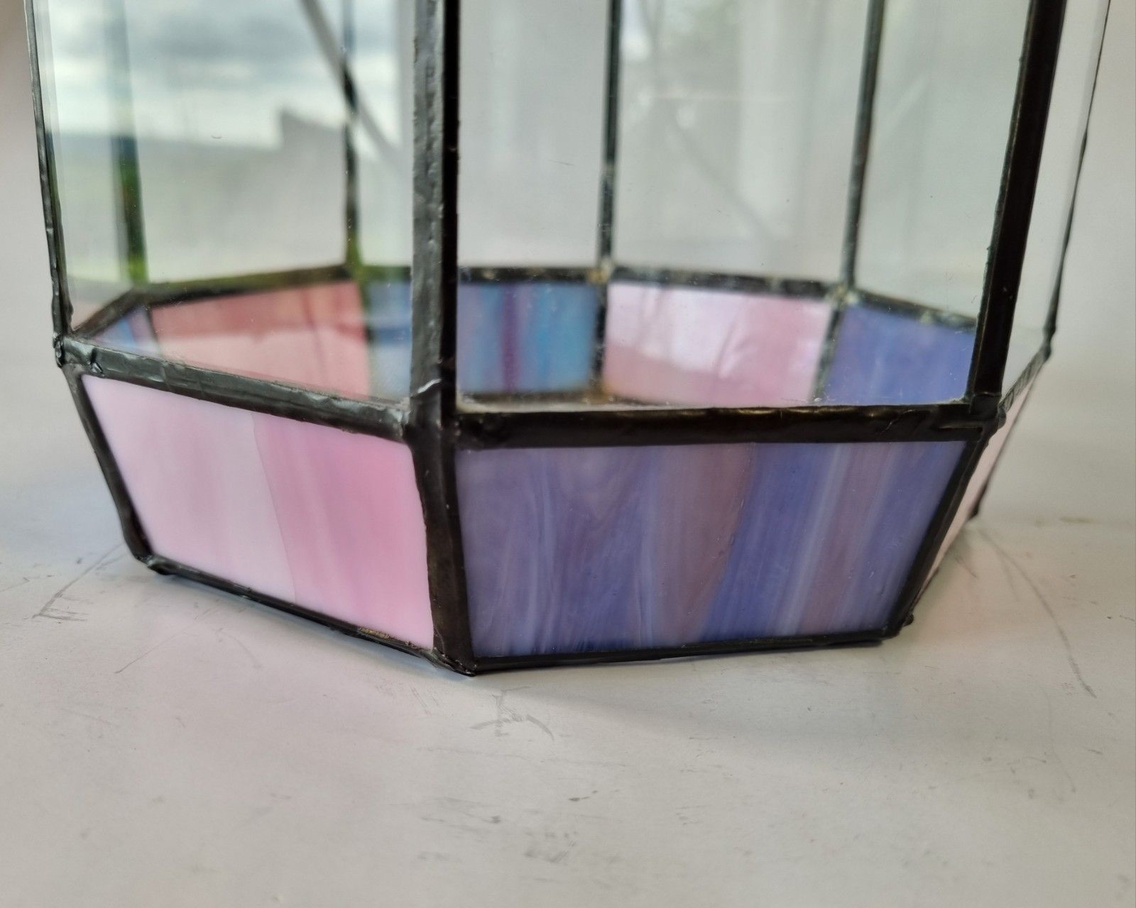 Vintage Stained Glass Terrarium Display Case Hexagonal Tiffany Style Pink photo 85.0