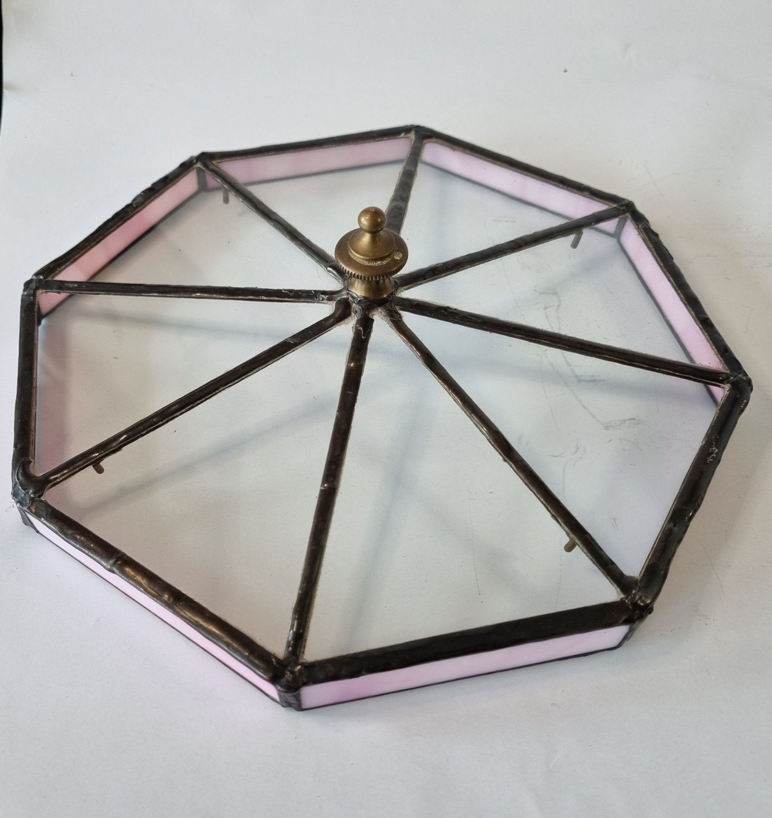 Vintage Stained Glass Terrarium Display Case Hexagonal Tiffany Style Pink photo vintage