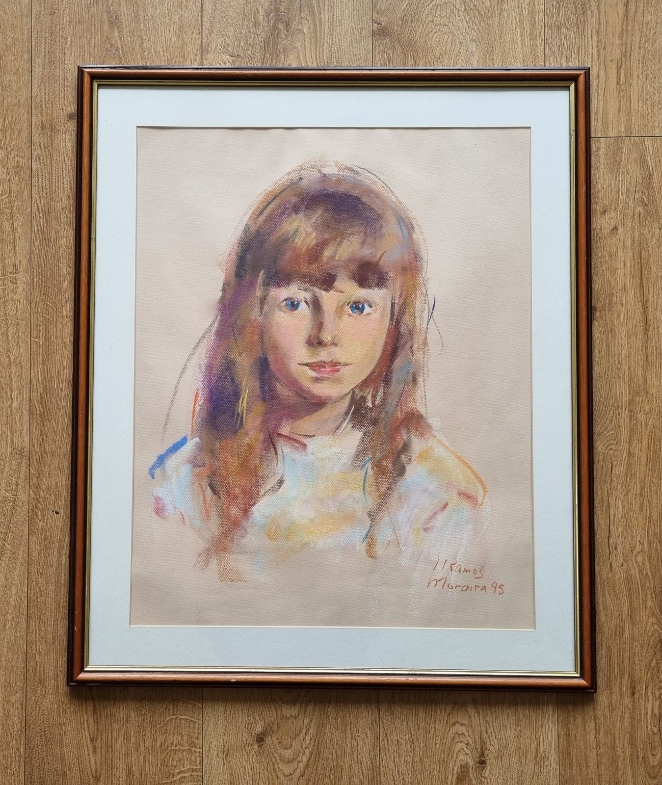 Large Vintage Portrait Pastel Drawing Of A Girl Framed Signed 1995 photo furniture