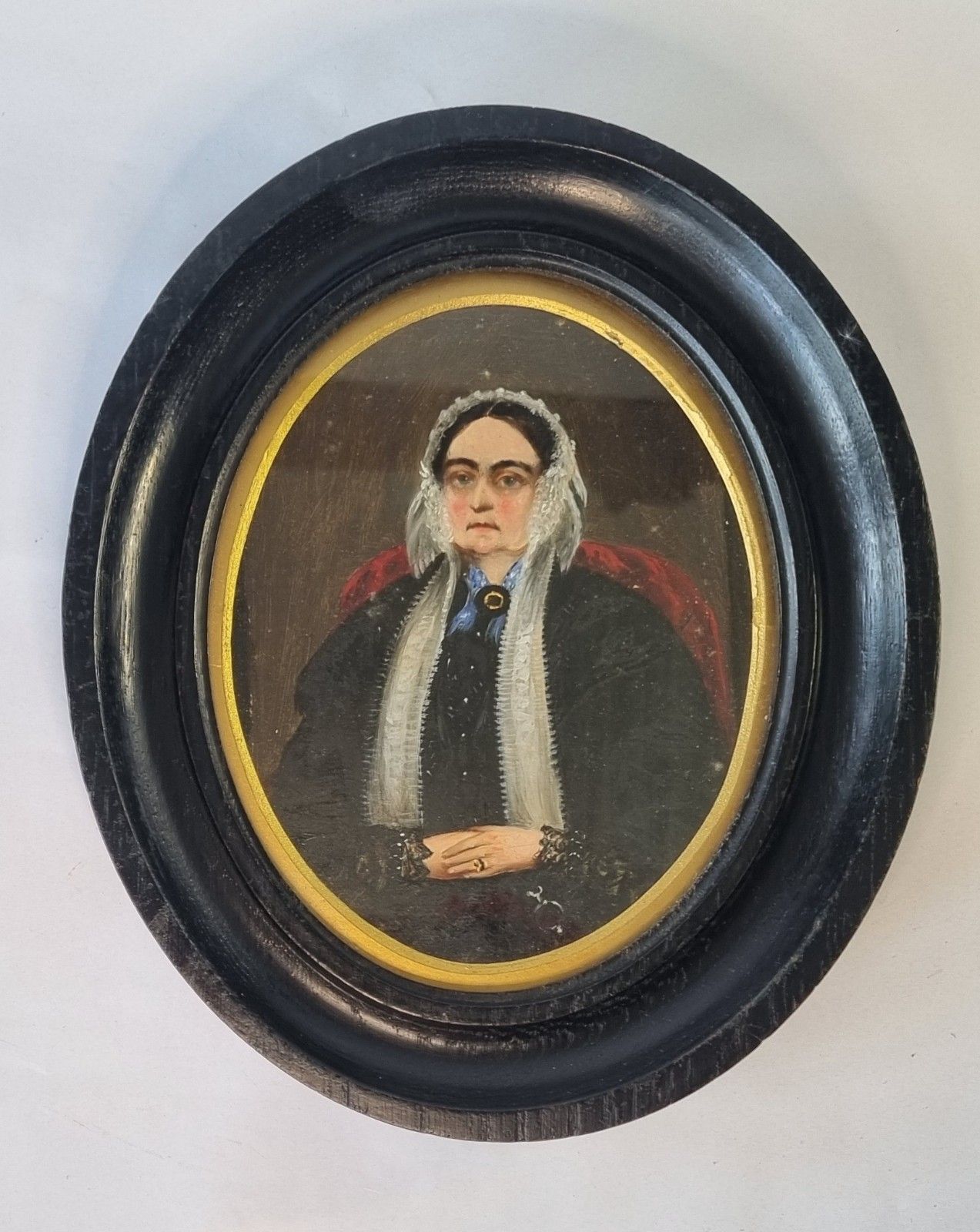 Small Antique 19th Century Oil Painting Portrait Woman Oval Framed 23.5cm X 20cm