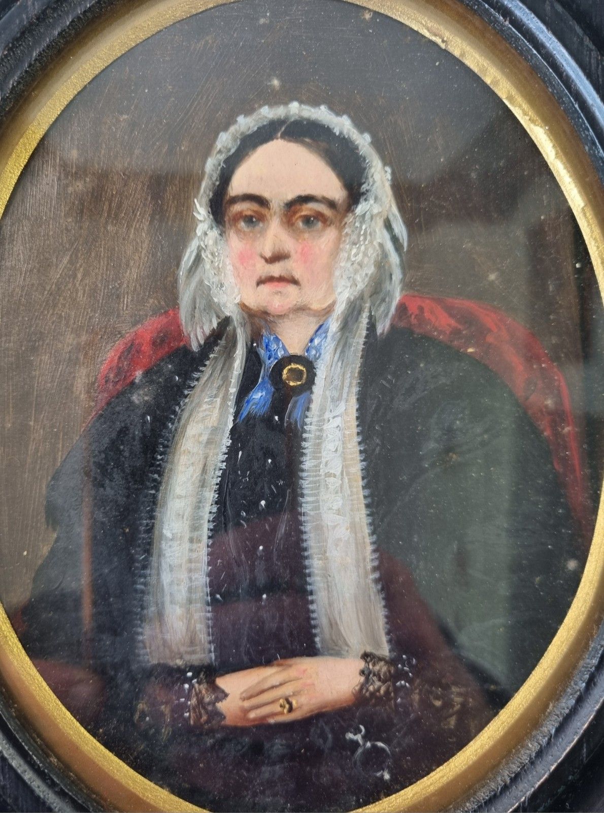 Small Antique 19th Century Oil Painting Portrait Woman Oval Framed 23.5cm X 20cm photo furniture