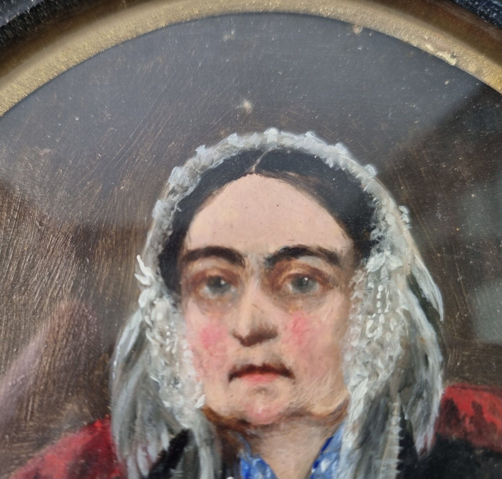Small Antique 19th Century Oil Painting Portrait Woman Oval Framed 23.5cm X 20cm photo Art