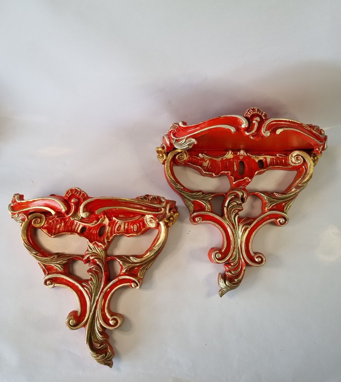 2 Vintage Astonea Ornate Wall Shelf Bracket Console  Gold Red Resin Rococo Style