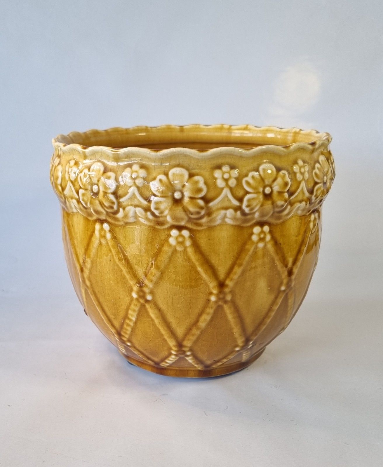 Antique C1919 Medium Mustard Yellow Majolica Jardiniere Ornate Floral Plant Pot