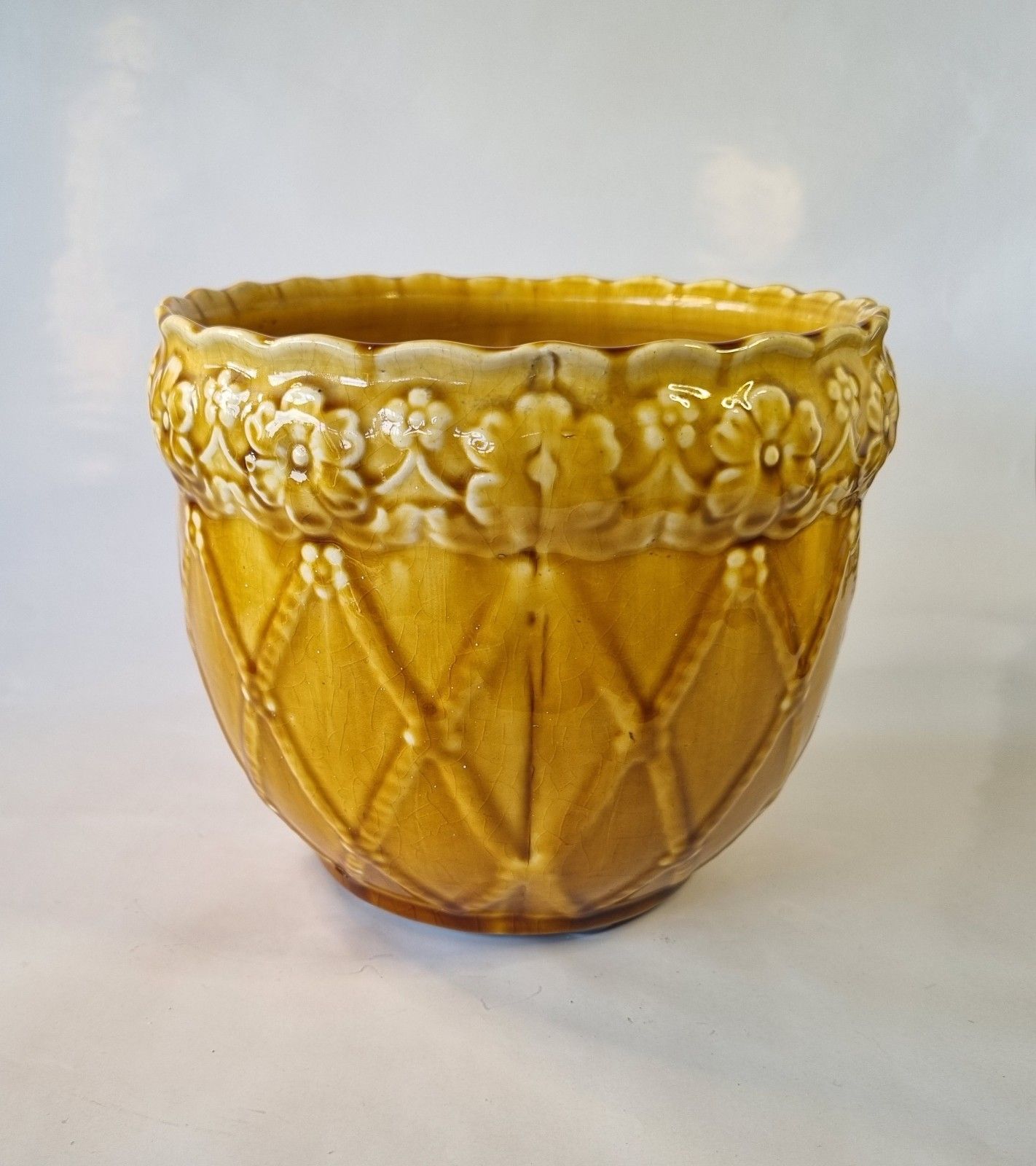 Antique C1919 Medium Mustard Yellow Majolica Jardiniere Ornate Floral Plant Pot photo 70.0