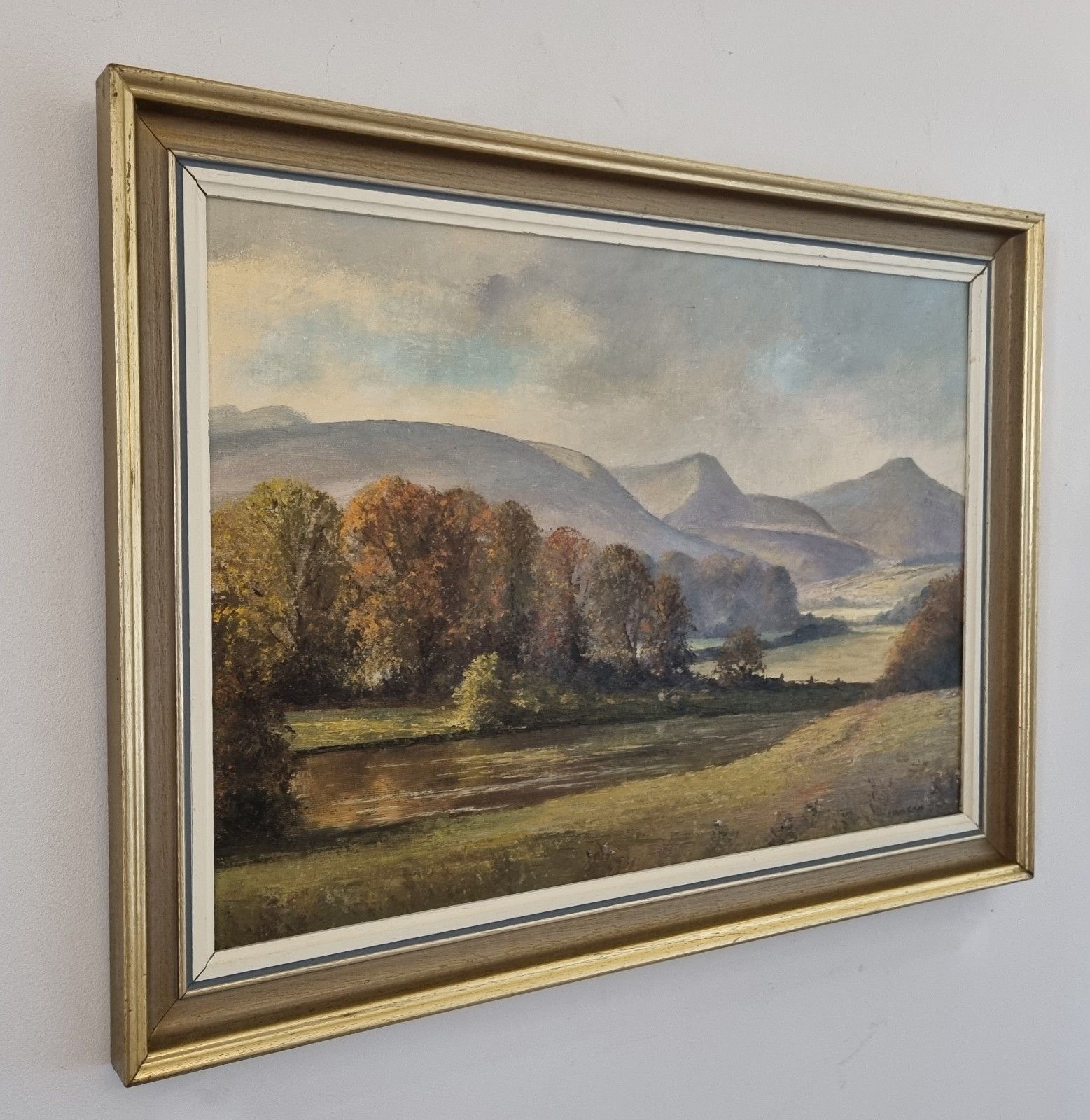 Vintage E J Wilson Oil Painting Wales Sugarloaf Hill River Fishing Landscape photo Art