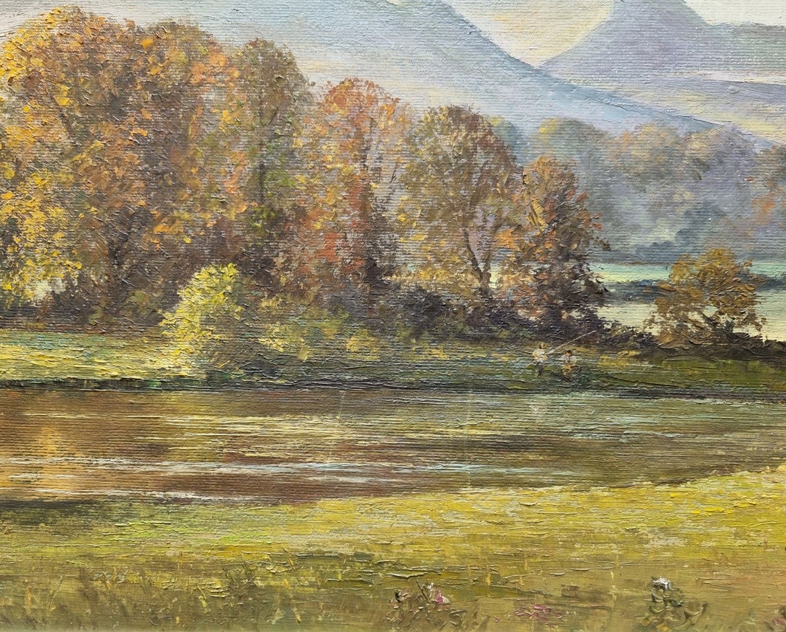 photo for sale Vintage E J Wilson Oil Painting Wales Sugarloaf Hill River Fishing Landscape