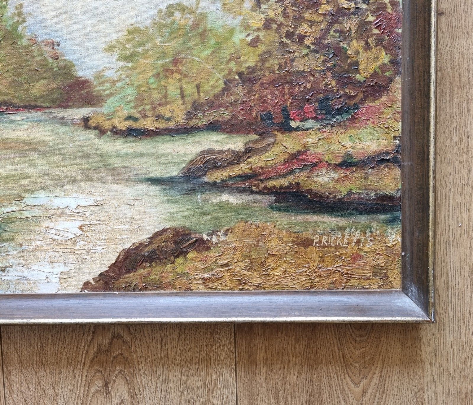 photo vinterior Vintage Framed Impressionist Style Oil Painting Riverside Trees Landscape Signed