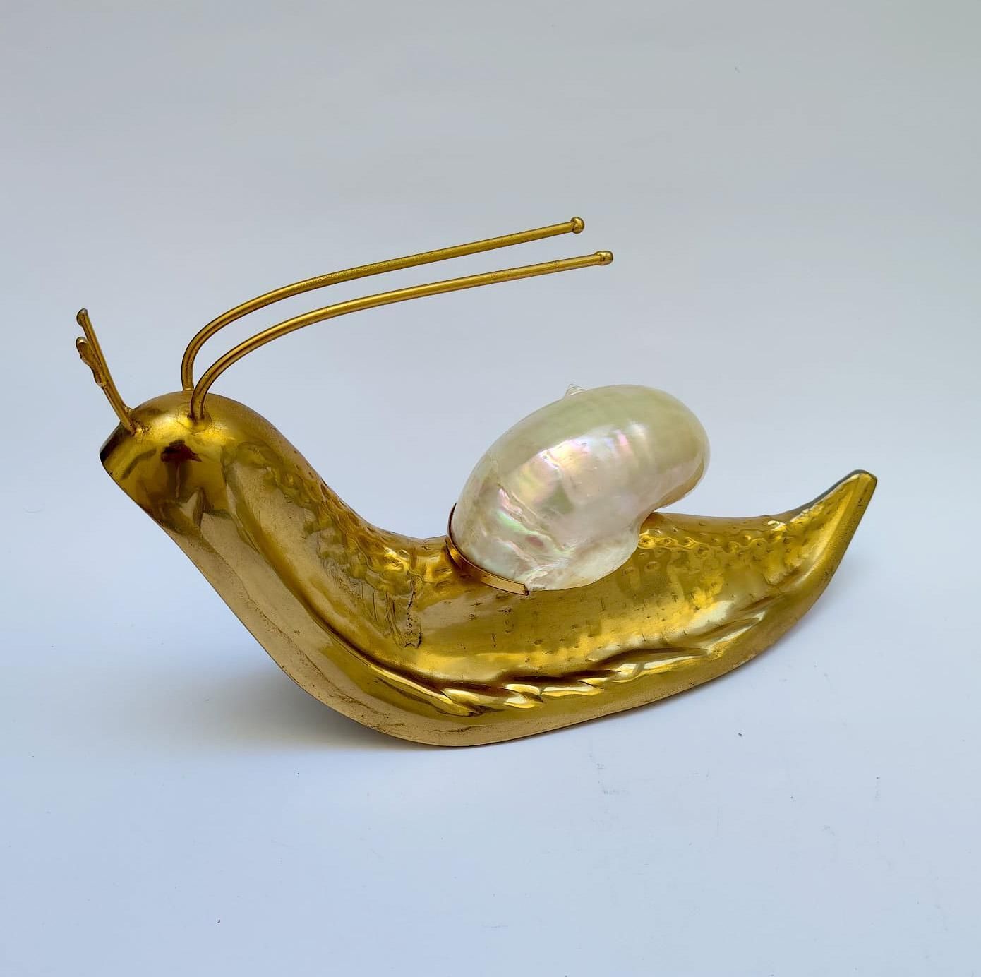 Vintage Mid Century Design Brass Snail Sculpture With Mother Of Pearl Shell, 35 Cm photo furniture