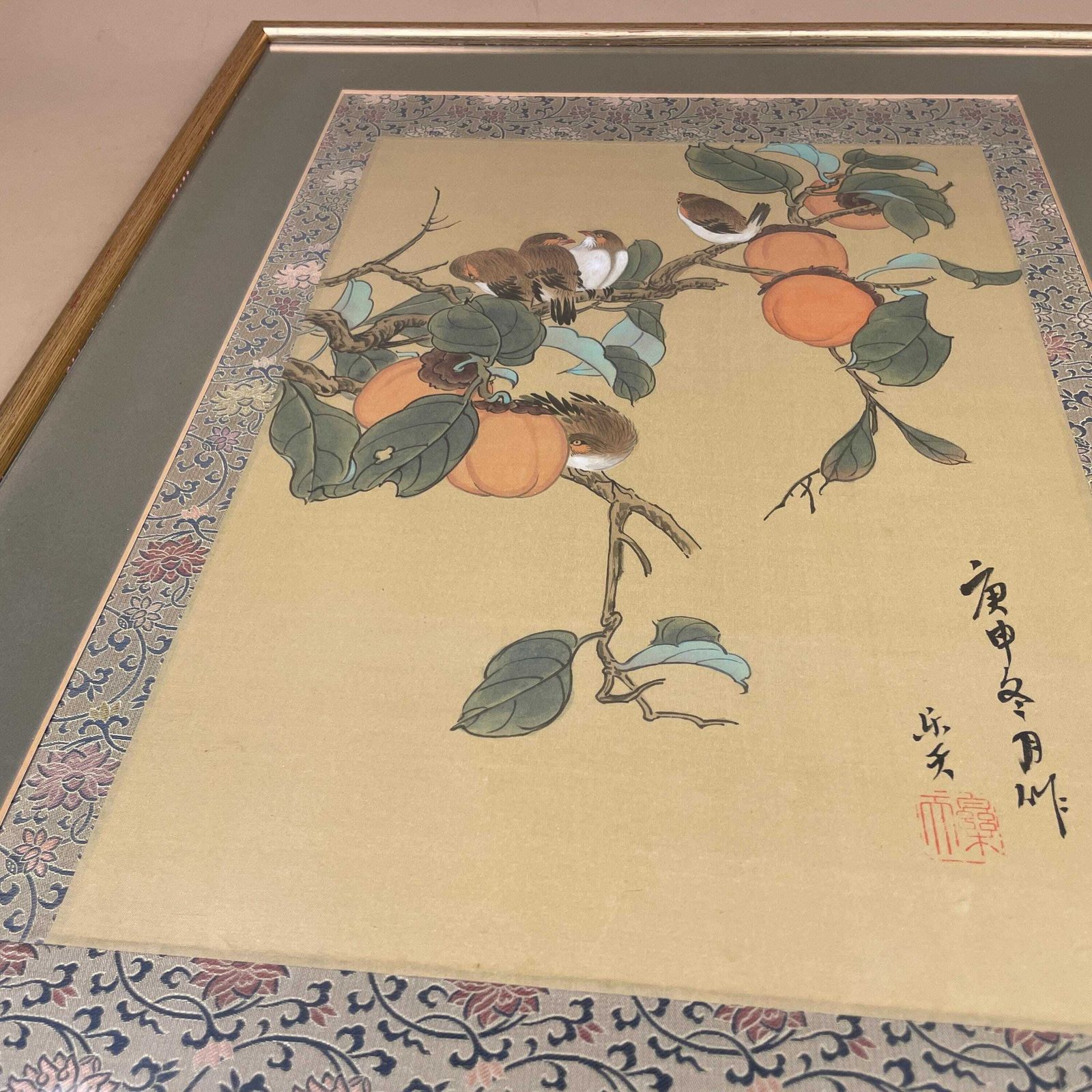 Chinese Original Painting On Silk Birds Peaches Fruit Gold Wood Frame Floral Picture Green Mount Oriental Wall Decor Asian Hand Painted photo for sale