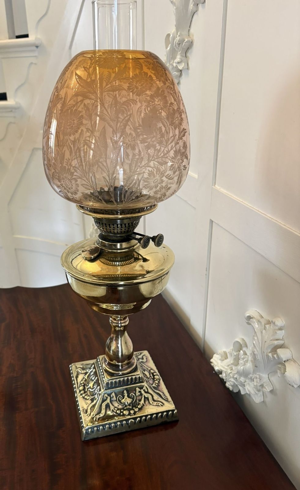 Antique 19th Century Brass Oil Lamp With Etched Amber Glass Shade photo vintage