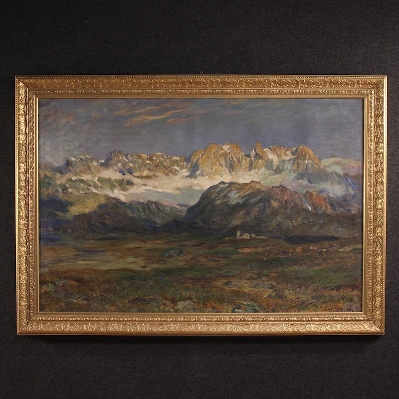 Tableau d'époque, paysage de montagne signé, Italie, XIXe siècle