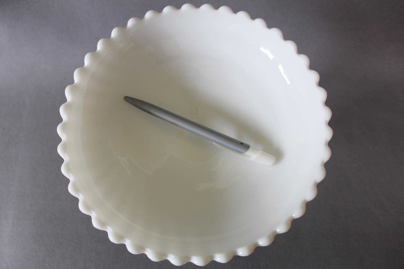 Large Vintage White Opaline Glass Compotier, Pedestal Bowl, Swirl Pattern, Scallop Edge, Pedestal Base, Large Opening, Pressed Glass photo for sale