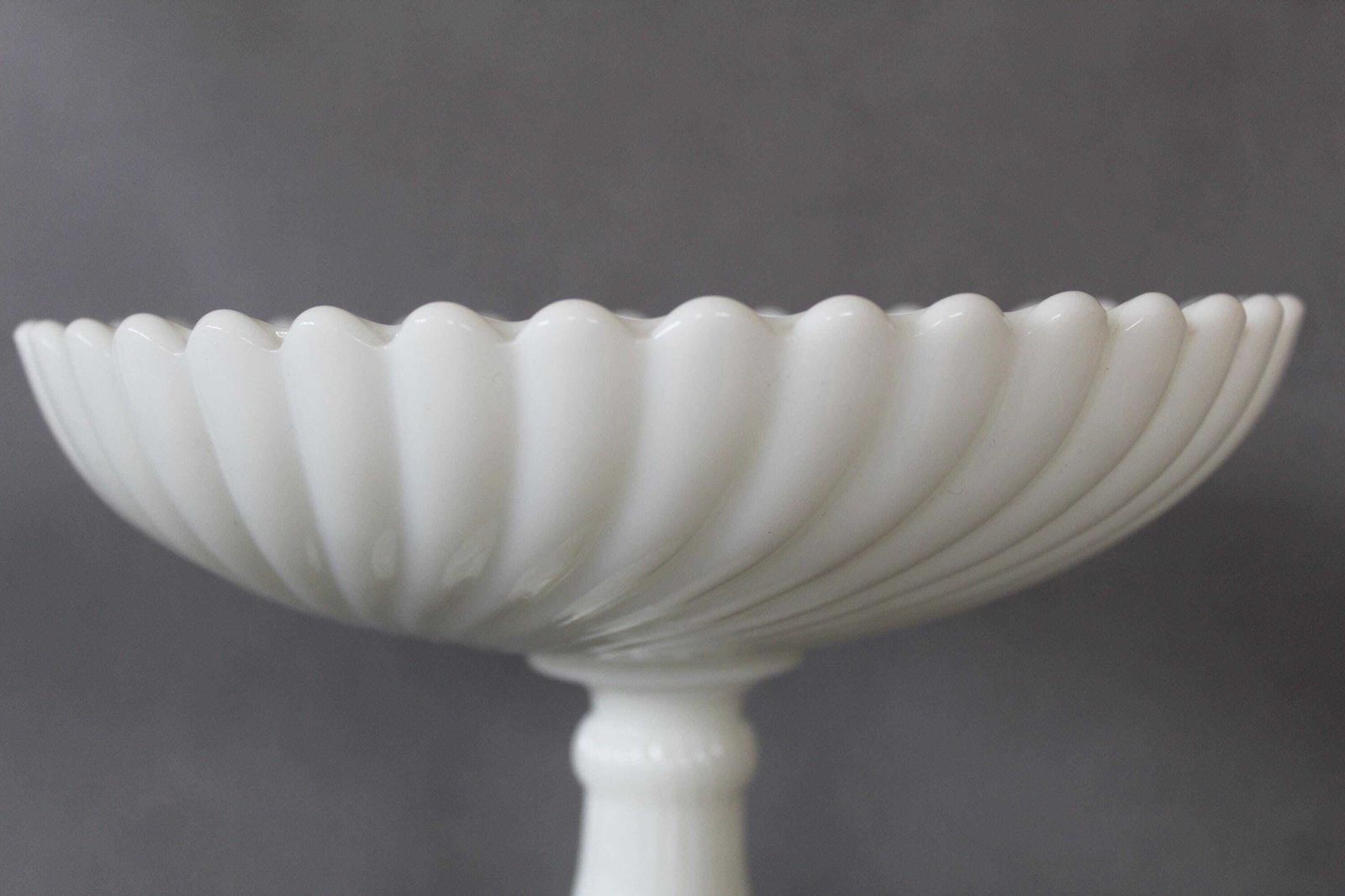Large Vintage White Opaline Glass Compotier, Pedestal Bowl, Swirl Pattern, Scallop Edge, Pedestal Base, Large Opening, Pressed Glass photo 65.0
