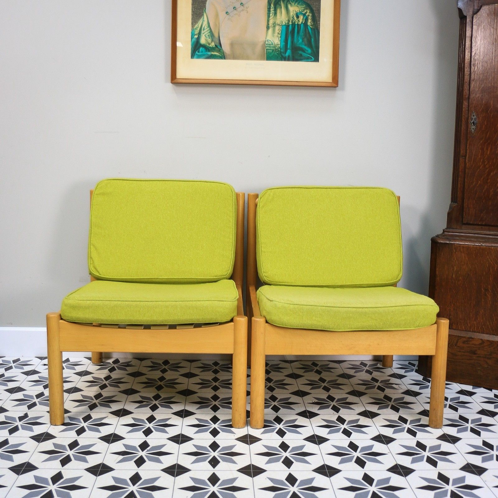 Ercol 747 Modular Lounge Chairs Set Of 2 In Lime Green.