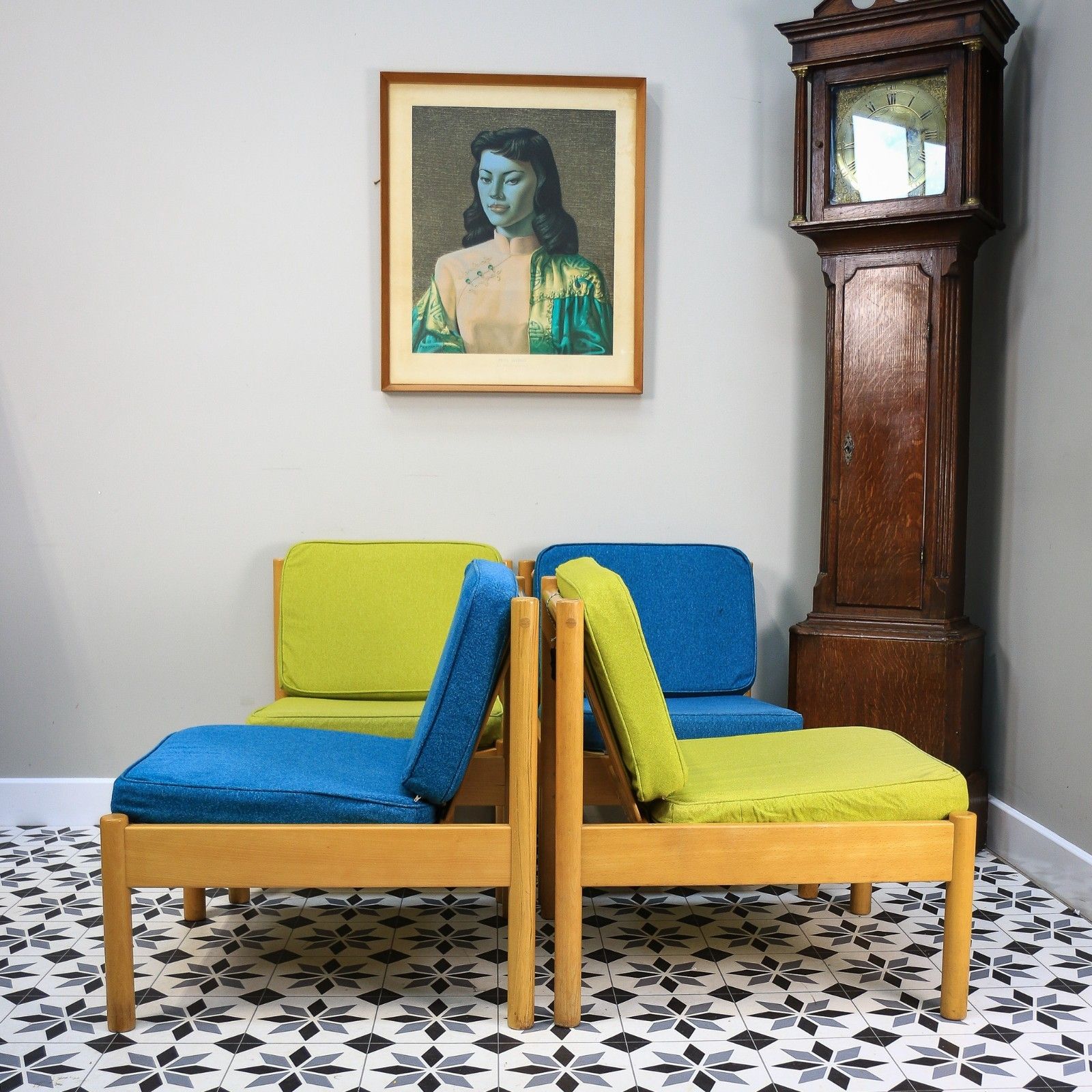 photo furniture Ercol 747 Modular Lounge Chairs Set Of 4 In Teal And Green.