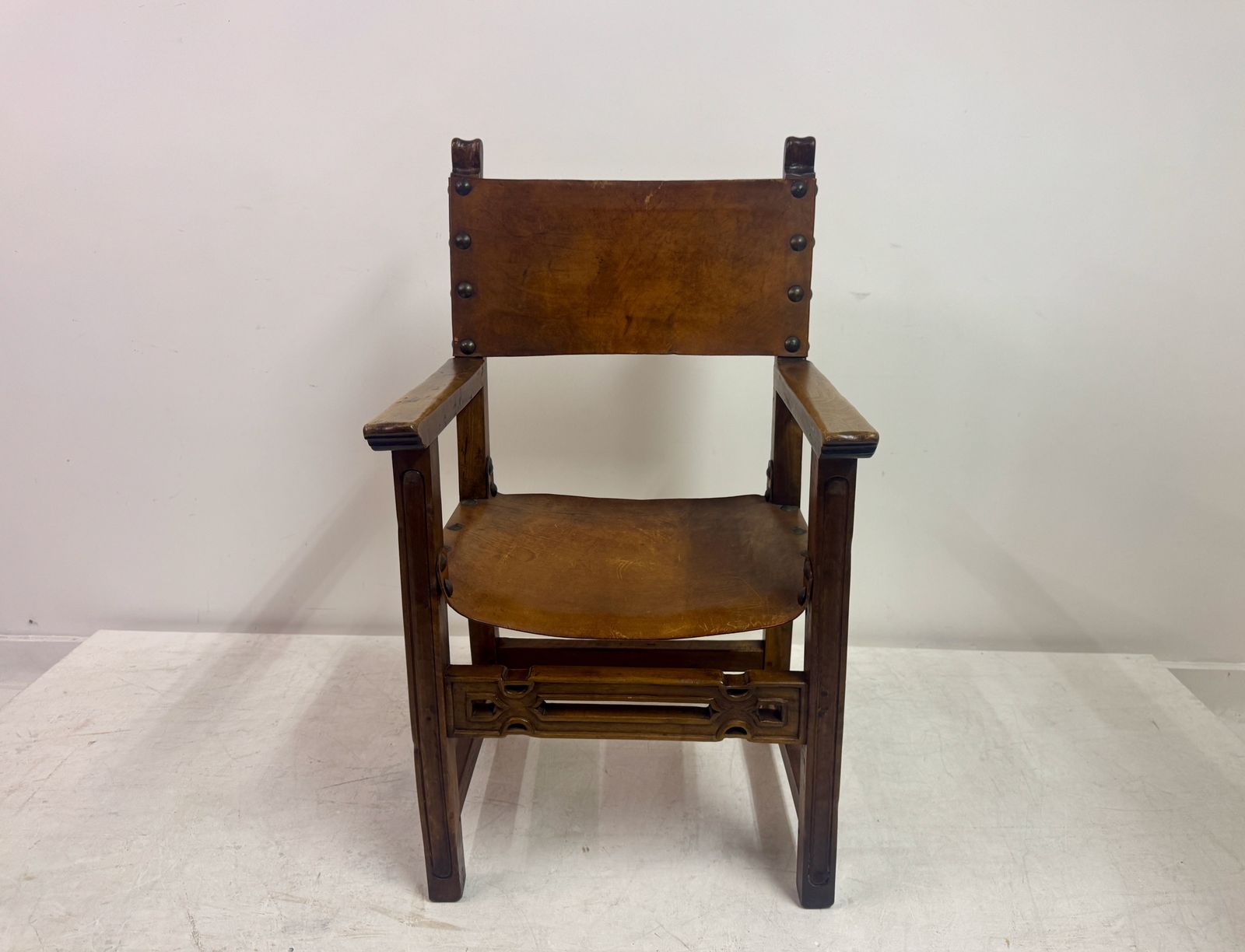 Mid 20th Century Spanish Walnut And Leather  Armchair photo for sale