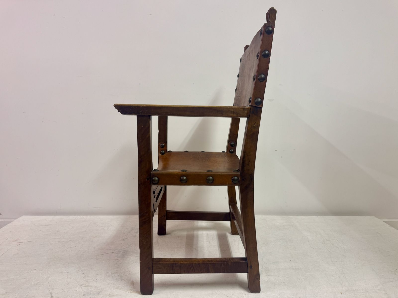 Mid 20th Century Spanish Walnut And Leather  Armchair photo vintage