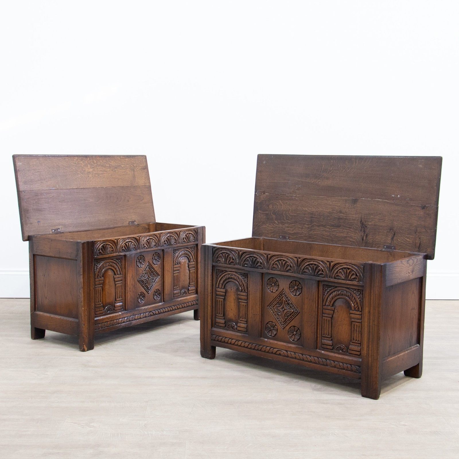 Pair Of 17th Century Style Carved Oak Storage Coffers photo furniture