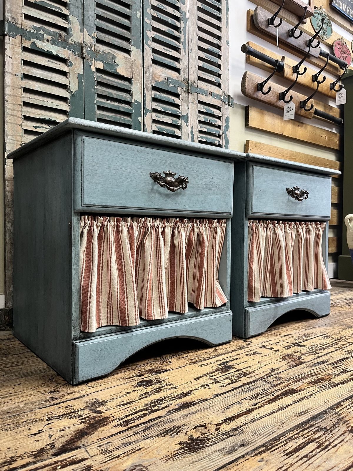 Pair Of Blue Bedside Tables With Striped Cafe Curtains photo vintage