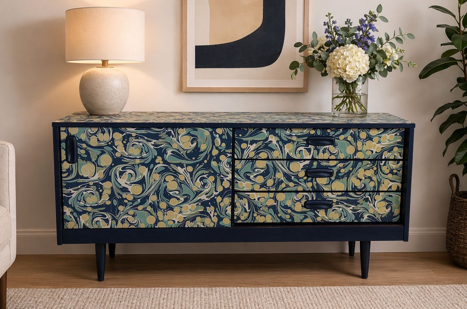 Schreiber Mid Century Sideboard | Decoupaged In Isabelle Boxall Eddy   Tea Leaf & Navy