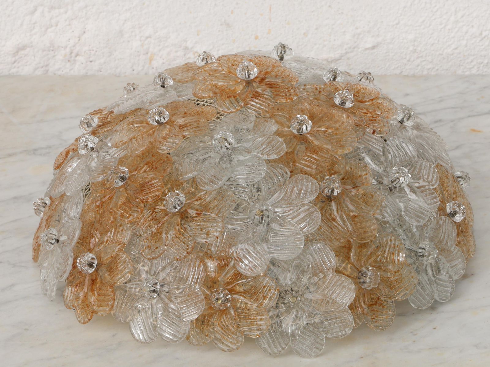 photo for sale Wonderful Orange And Transparent Murano Glass Ceiling Light Flower By Seguso