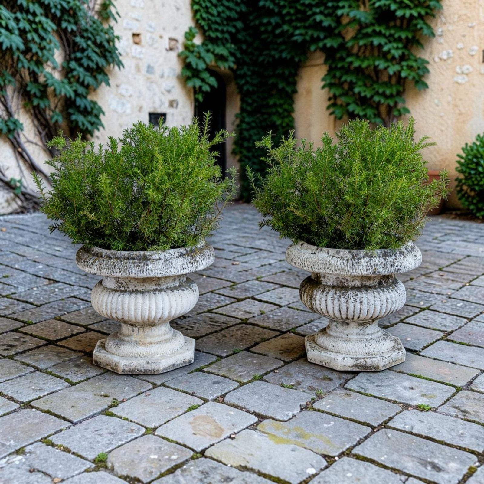photo furniture Pair Of Antique Style Weathered Stone Campana Urn Planters